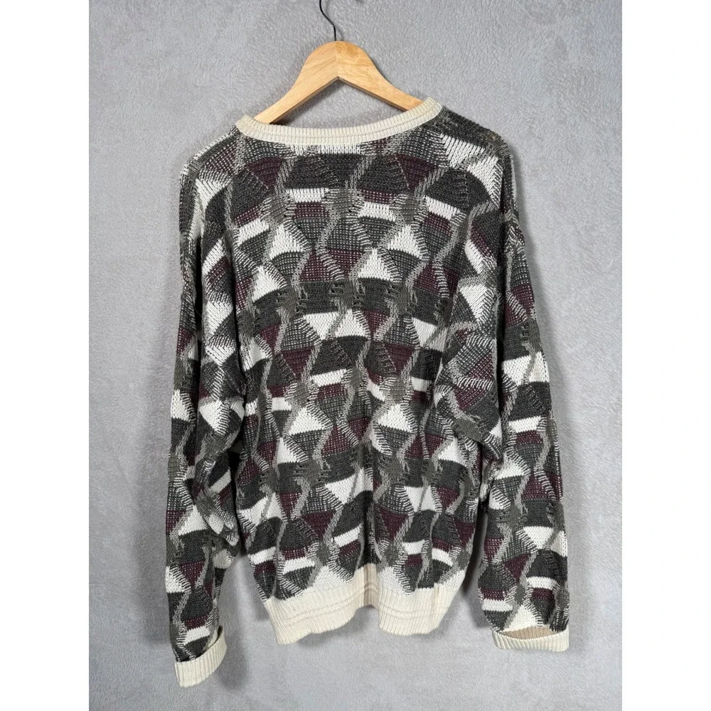 Vintage Jantzen Mens Geometric Intarsia Knit Sweater Grey Burgundy Made in USA L